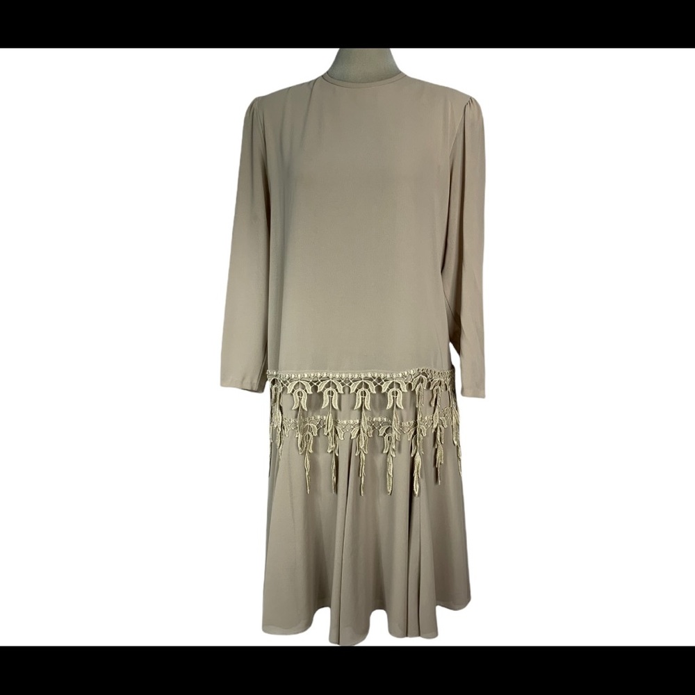 Vintage JO Hanna York beige embellished Flare dress Size 14